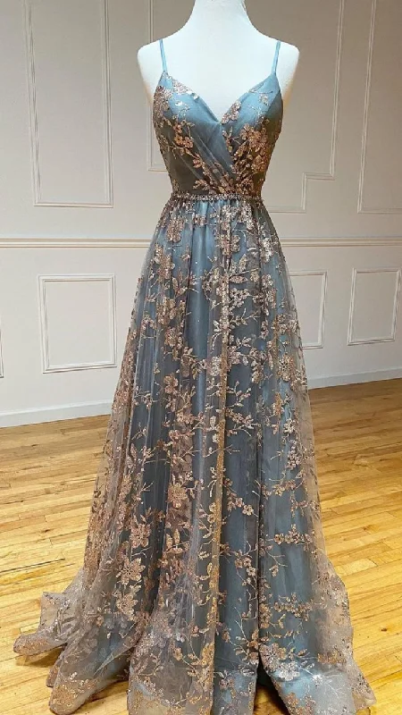 Value Deals pleated dressA-Line V Neck Tulle Sequin Long Prom Dress, Backless Long Evening Dresses Y5620