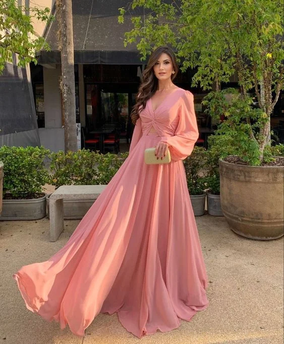 layered dressWomen's Long Sleeve Country Bridesmaid Dress V Neck Chiffon Evening Dress Y7208