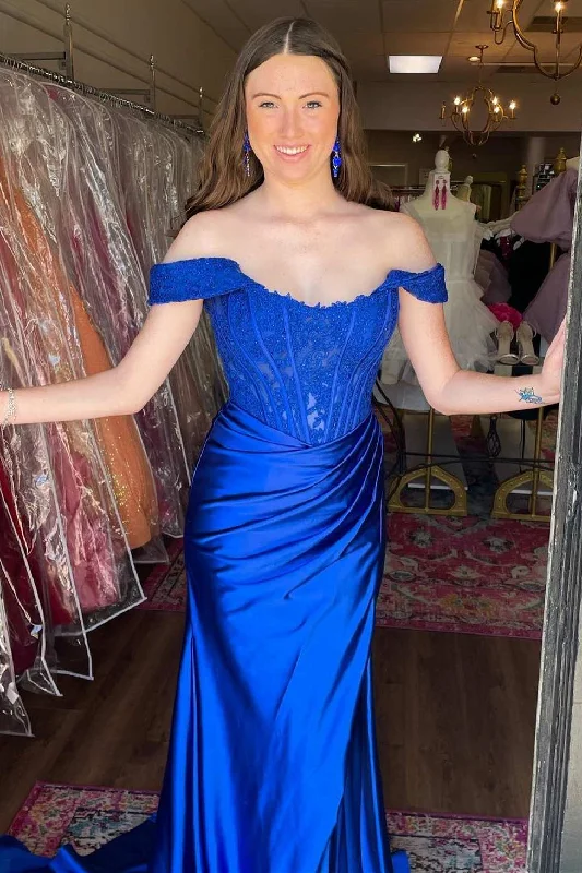 statement dressRoyal Blue Lace Satin Off-the-Shoulder Mermaid Long Formal Dress