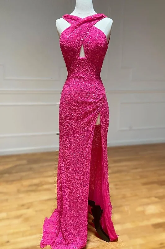 Bonus Savings evening dressCross Front Hot Pink Sequins Mermaid Long Formal Dress