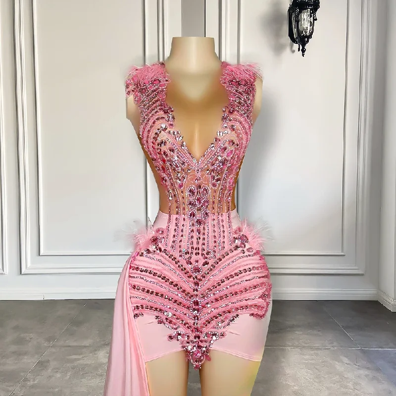 Quick Sale summer floral dressCute Pink Luxury Diamond Birthday Formal Dress For Women Sheer Mesh Feather Black Girls Short Prom Dresses 2024 Quick Sale summer floral dressCute Pink Luxury Diamond Birthday Formal Dress For Women Sheer Mesh Feather Black Girls Short Prom Dresses 2024