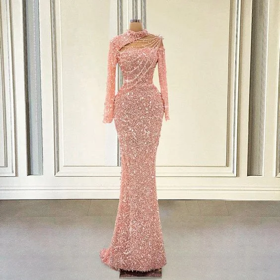 playful dressSparkly Sequin Pink Mermaid Long Prom Dresses For Graduation Party  Luxury Full Sleeves Women Formal Evening Gowns Y6864