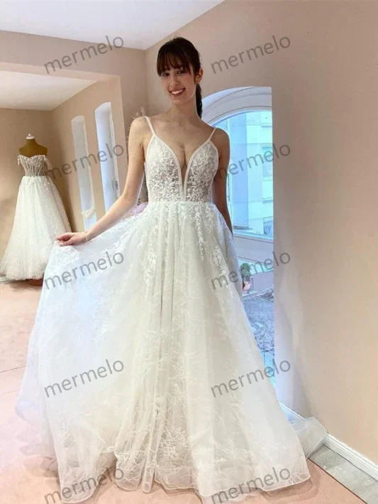 chic shift dressCharming Floor Length Spaghetti Straps Sleeveless A Line Lace Tulle Wedding Dress with Applique