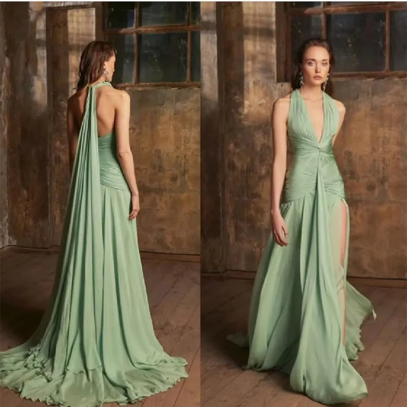 winter dressSexy Long Chiffon Green Evening Dresses with Slit A-Line Floor Length V-Neck Pleated Open Back Formal Party Gowns for Women