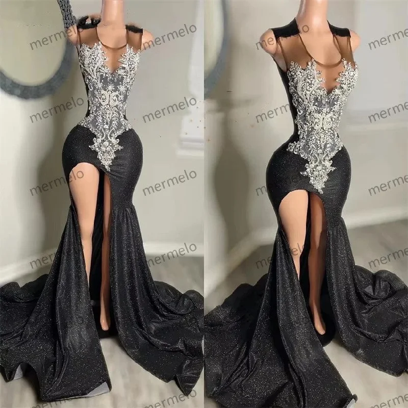 trendy dressGlitter Black Lace Mermaid Prom Dresses Beading Side Split