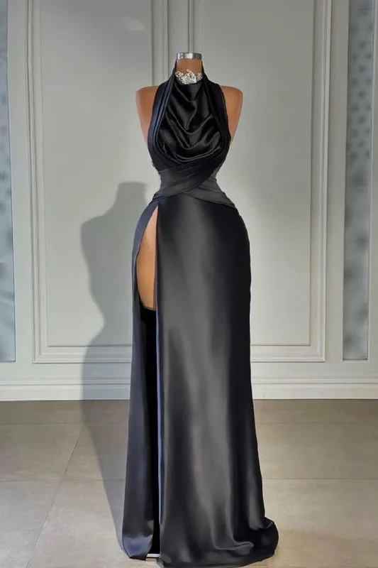 Blowout Sale romantic dressBlack Long Evening Dress Satin Halter With High Slit Pleated Y6617 Blowout Sale romantic dressBlack Long Evening Dress Satin Halter With High Slit Pleated Y6617
