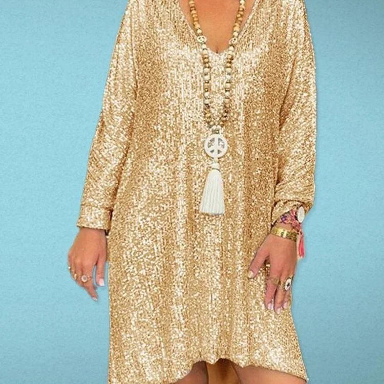 Blowout Sale elegant shift dressCasual Solid Color Loose Pullover Sequined Shirt V-neck Long Dress