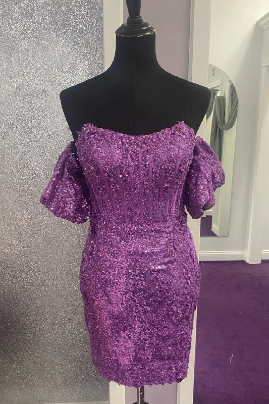 sleeveless dressGrape Sequins Off-the-Shoulder Sheath Homecoming Dress