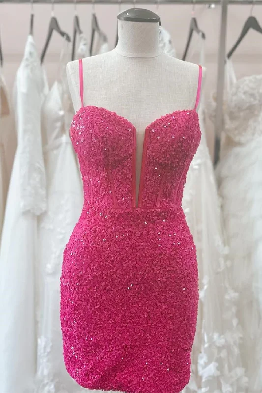 cocktail party dressHot Pink V Neck Straps Sequins Sheath Homecoming Dress