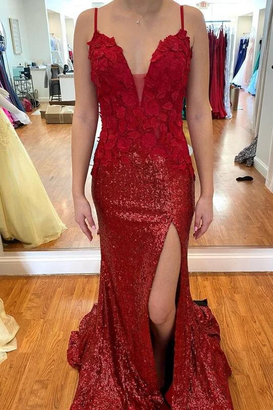 Final Clearance chic wrap dressSexy Wine Red Sequined Long Formal Dress with Slit