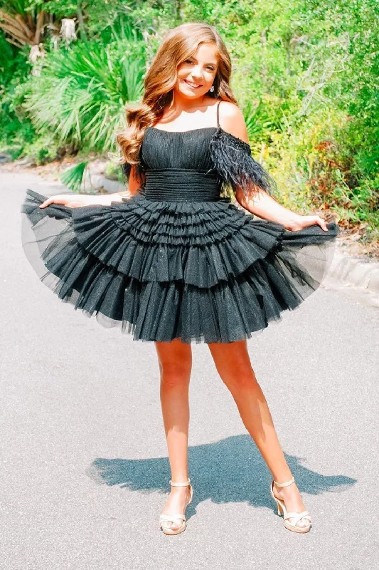 vintage-inspired dressBlack Off-the-Shoulder Multi-Layers Homecoming Dress with Feathers