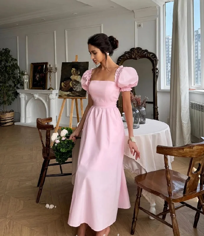 form-fitting dressPink Prom Dresses Princeces French Square Collar Homecoming Party Dress A Line Satin Evening Bride Vestidos De Gala