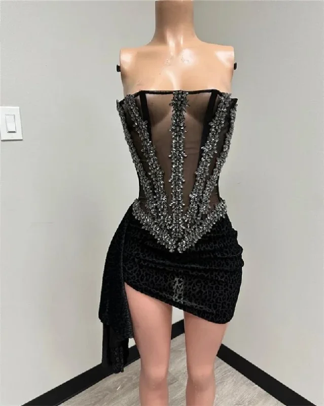 elegant dressSexy Strapless Short Prom Dresses For Black Girls Beaded Birthday Party Dress Crystal Mini Cocktail Homecoming Robe De Bal