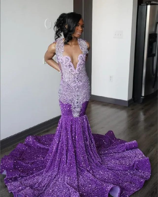Epic Deals trendy mini dressPurple Sparkly Long Mermaid Prom Birthday Gala Dresses for Black Girl 2024 Luxury Diamond Velvet Sequins Evening Ceremony Gown