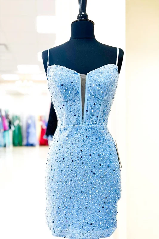 classic fit-and-flare dressLight Blue Straps Sheath Beaded Sequined Homecoming Dress