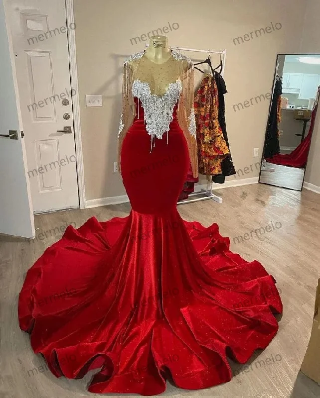 trendy mini dressRed Velvet Trumpet African Prom Dress with Long Sleeve Sheer Neck Crystal Applique Tassel Evening Birthday Party Gown