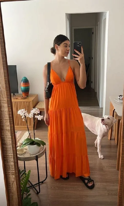 Extra Savings printed dressSexy Orange A-line V Neck Long Prom Dress Y6936
