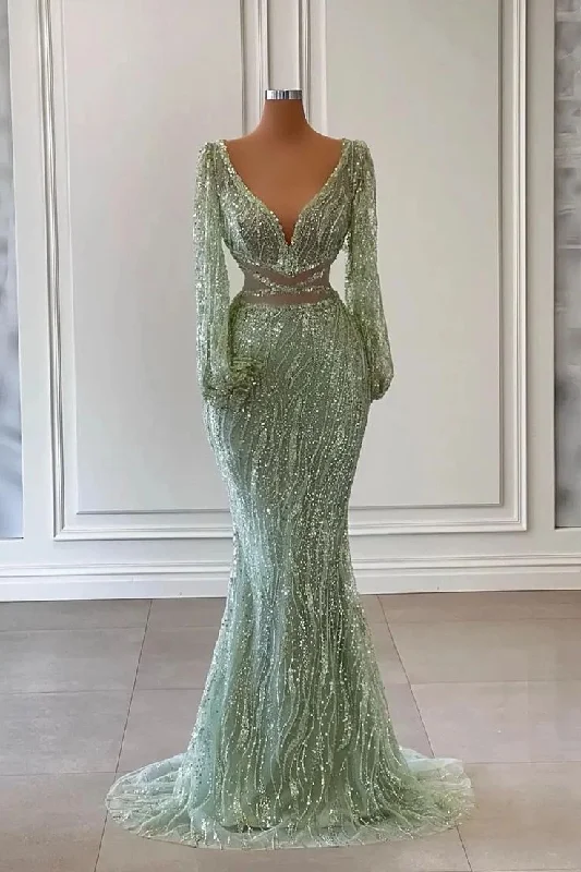 Weekend Deal lace-up dressLight Green Long Sleeves V-Neck Mermaid Evening Dress With Sequins Beads Y6659 Weekend Deal lace-up dressLight Green Long Sleeves V-Neck Mermaid Evening Dress With Sequins Beads Y6659