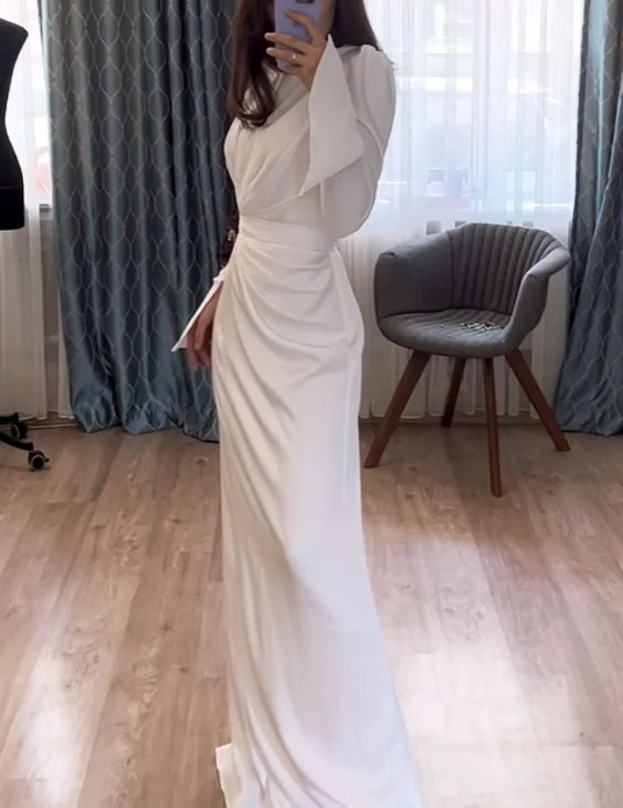 Mega Deal satin midi dressElegant White Sheath Long Sleeves Prom Dress Y6892