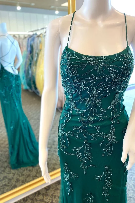 bohemian dressHunter Green Floral Bead Lace-Up Back Mermaid Long Formal Dress