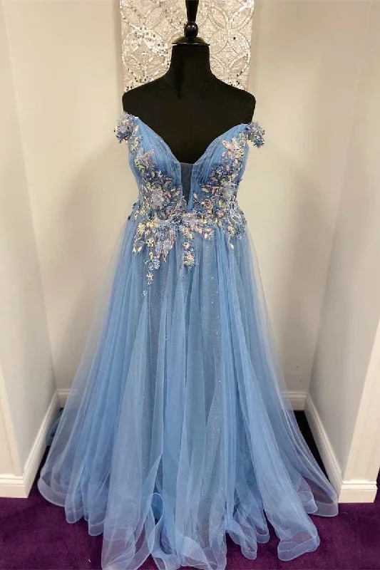 classic fit-and-flare dressFairy-Tale Blue Floral Appliques Off-the-Shoulder A-Line Prom Gown