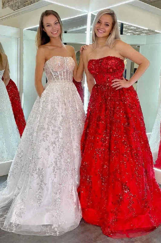Extra Savings romantic dressGlitter Strapless Red Long Prom Dress