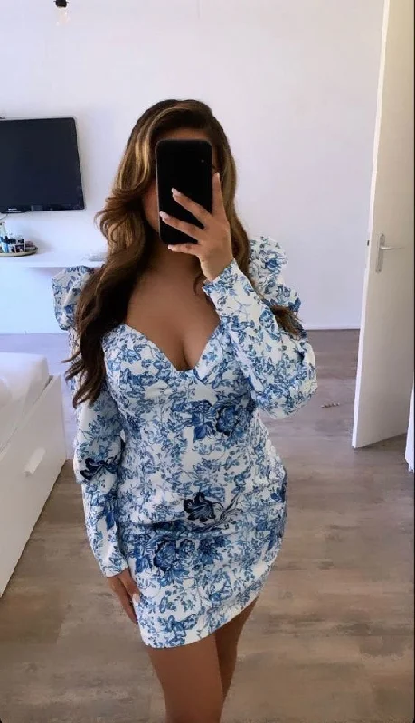 Crazy Savings chic shift dressBlue Floral Long Sleeves Homecoming Dress,Blue Party Dress  Y7064